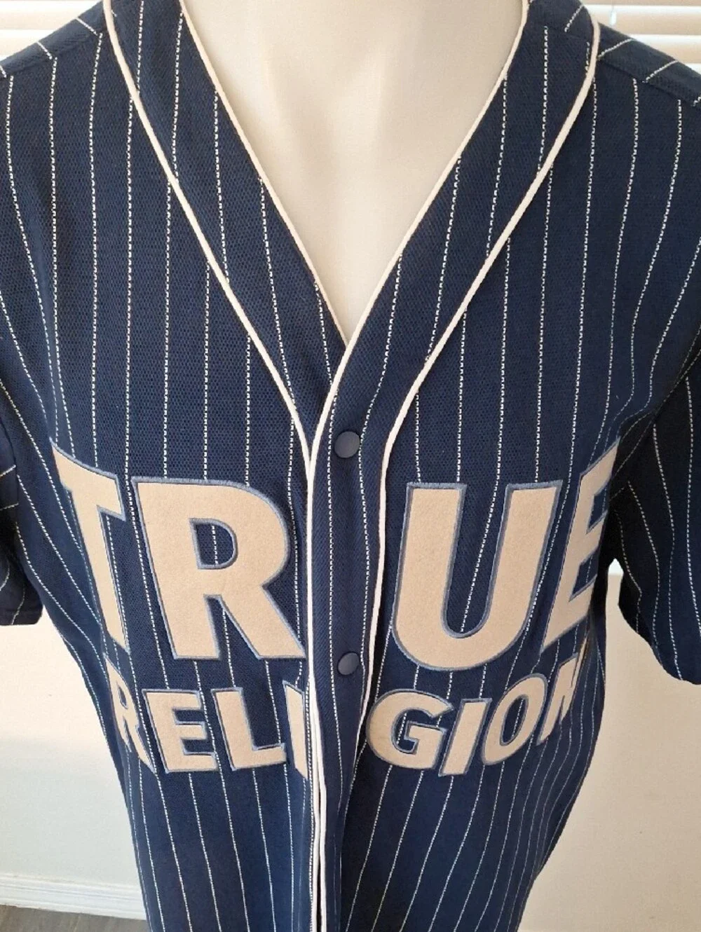 True Religion Navy Pinstripe Baseball Jersey with White Logo Panels